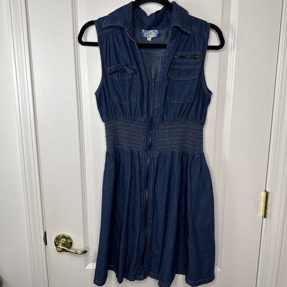 Womens L Denim Zip Front Sleeveless Midi Dress Smocked Waist Collared Pockets